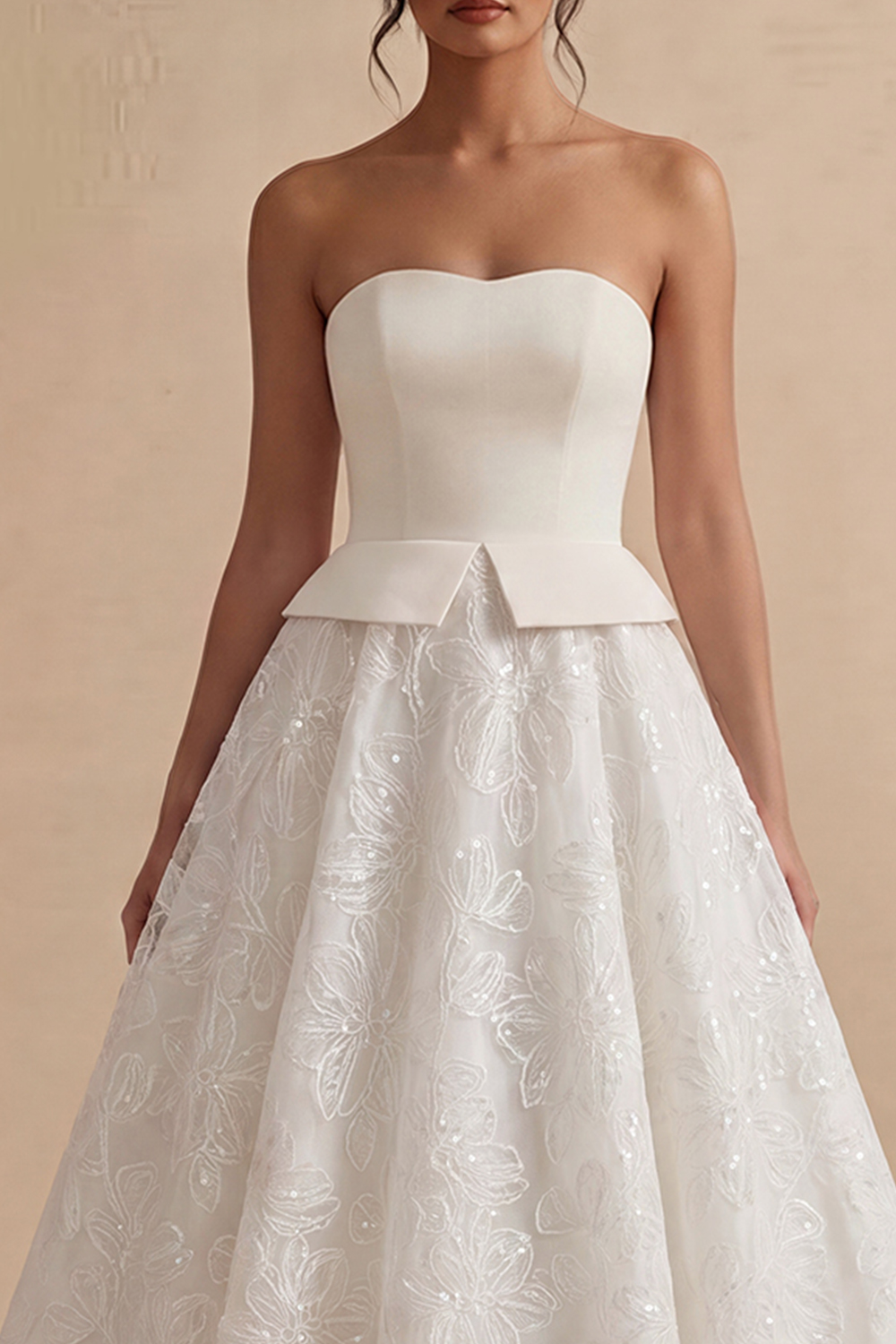 Strapless White Maxi Floral Lace A Line Reception Dress for Bride