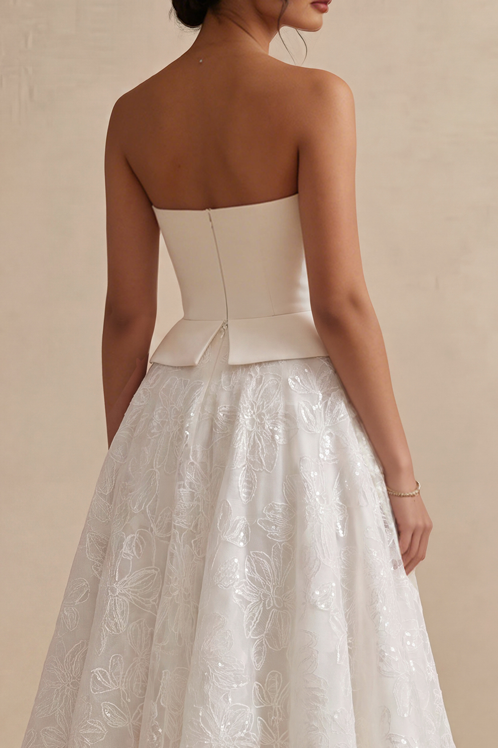 Strapless White Maxi Floral Lace A Line Reception Dress for Bride