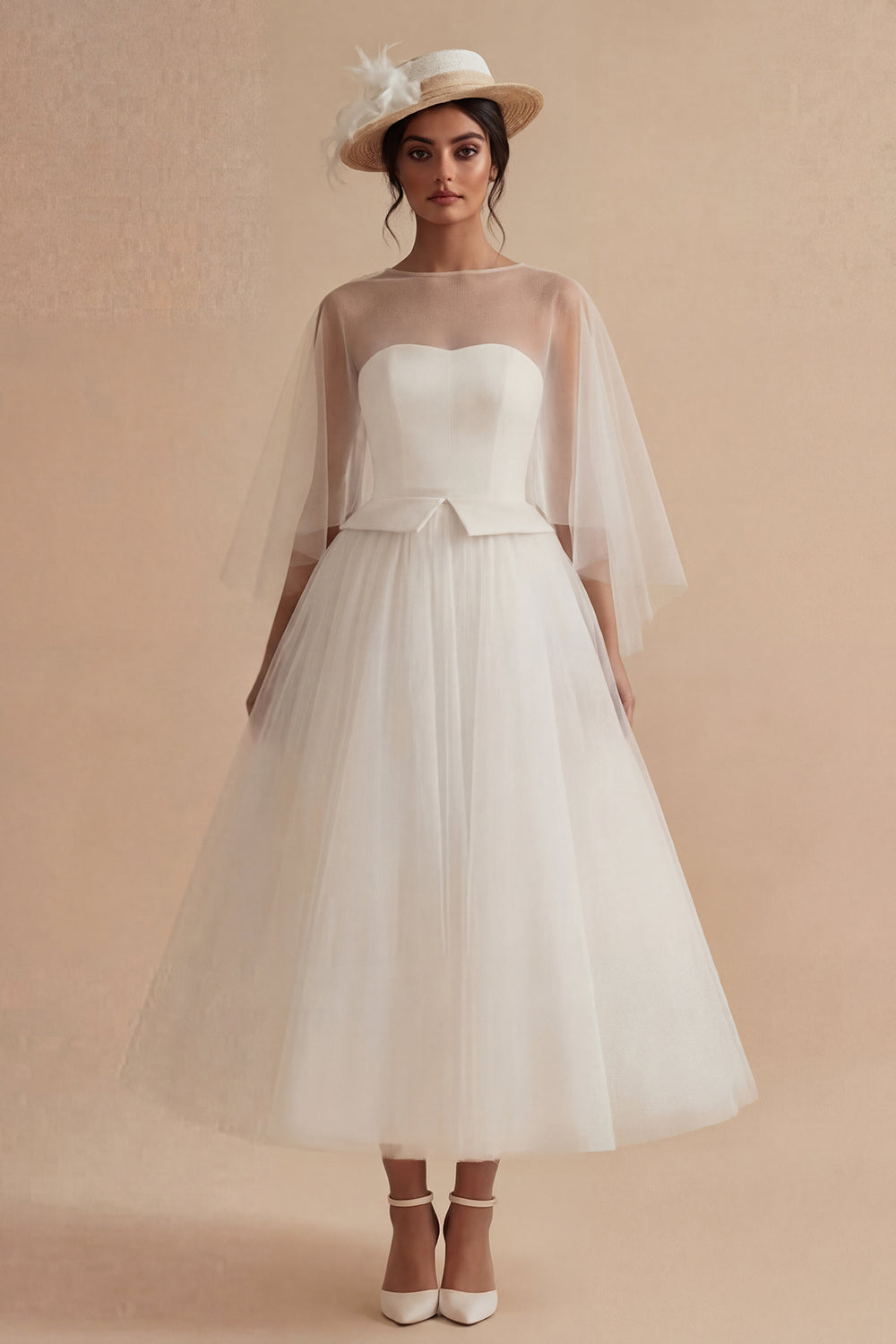 White A Line Ilusion Bateau Neck Maxi Reception Dress for Bride