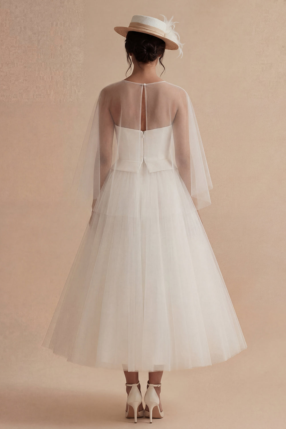 White A Line Ilusion Bateau Neck Maxi Reception Dress for Bride