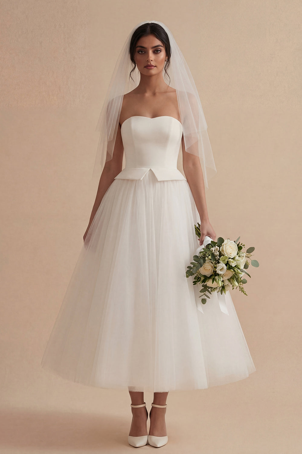 Maxi A Line Strapless White Reception Dress for Bride