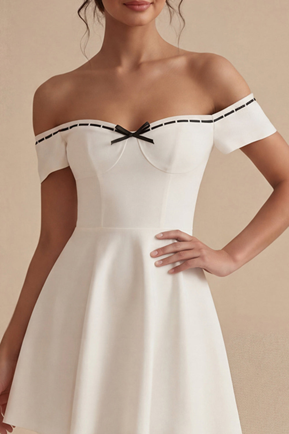 White Off the Shoulder Short A Line Bridal Shower Dress with Bow