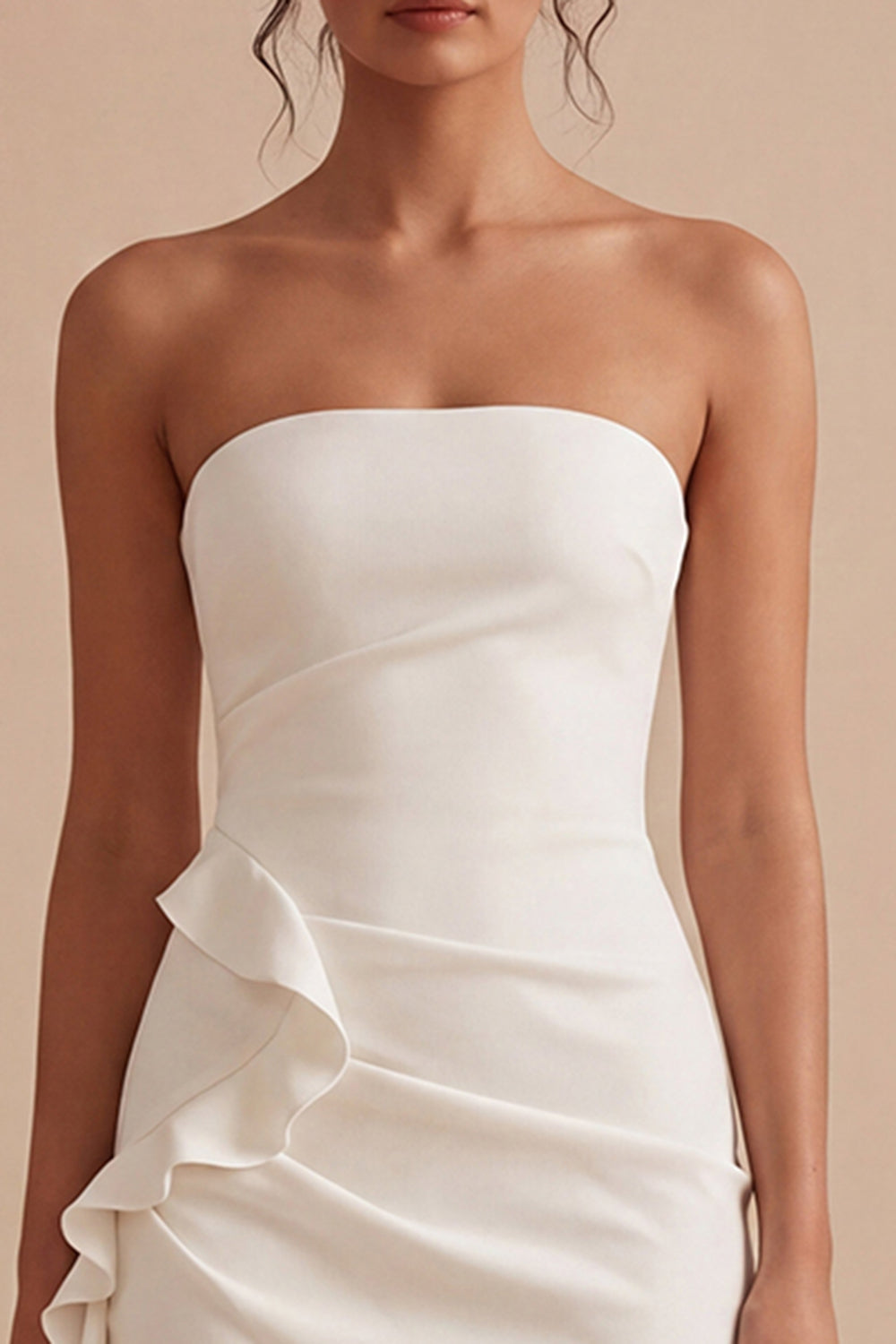 White Strapless Ruched Tight Short Bridal Shower Dress with Ruffles