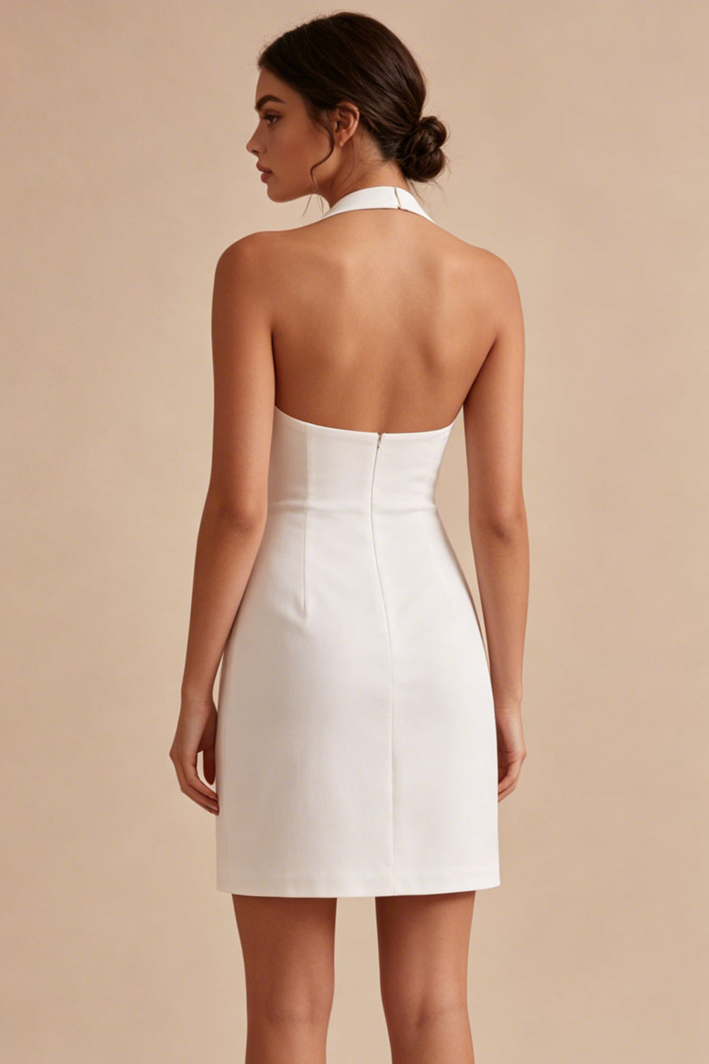 White Short Backless Halter Ruched Bridal Shower Dress