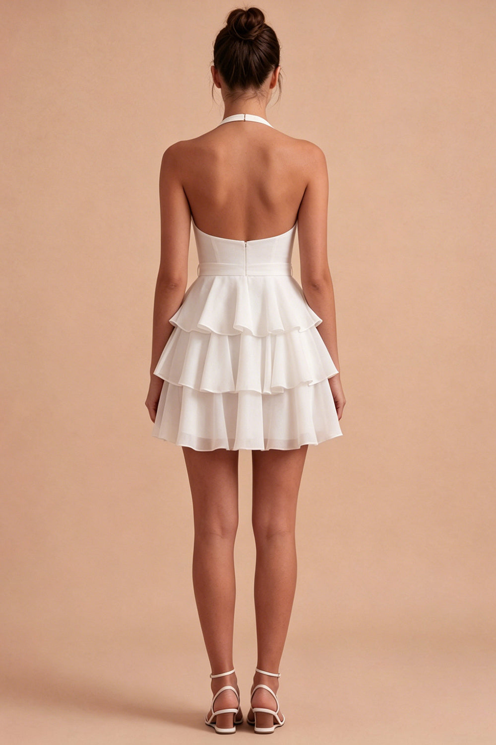 White Ruffled Halter Backless A Line Short Bridal Shower Dress with Bow