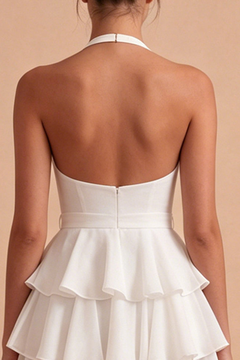 White Ruffled Halter Backless A Line Short Bridal Shower Dress with Bow