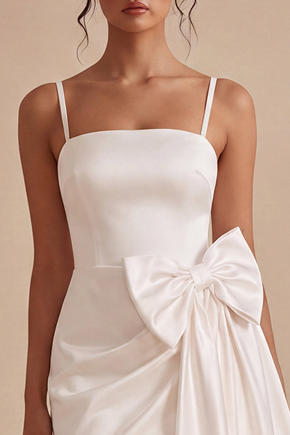 Spaghetti Straps Tight Ruched Short White Bridal Shower Dress with Bow