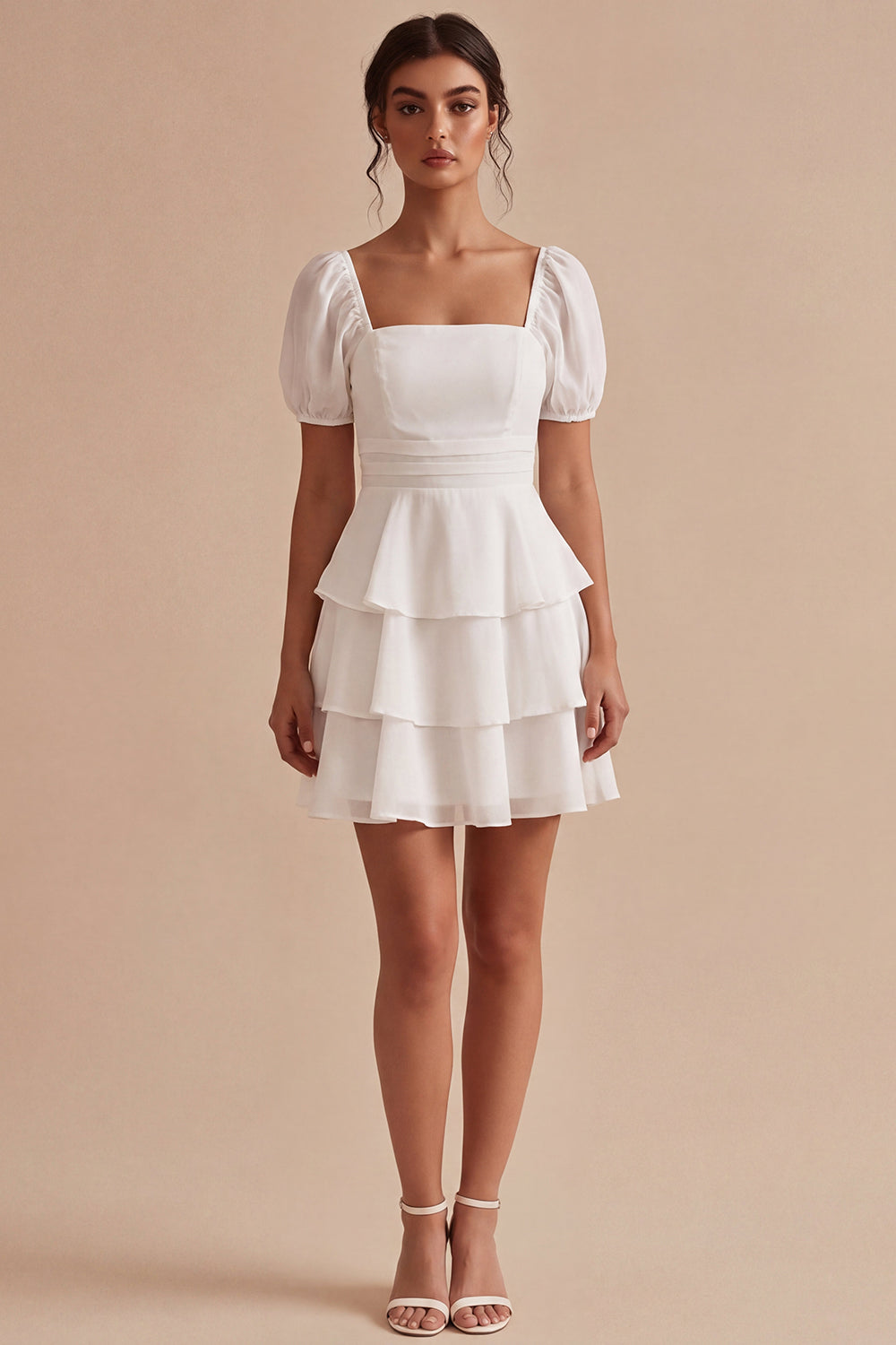 White A Line Short Sleeves Short Bridal Shower Dress with Ruffles