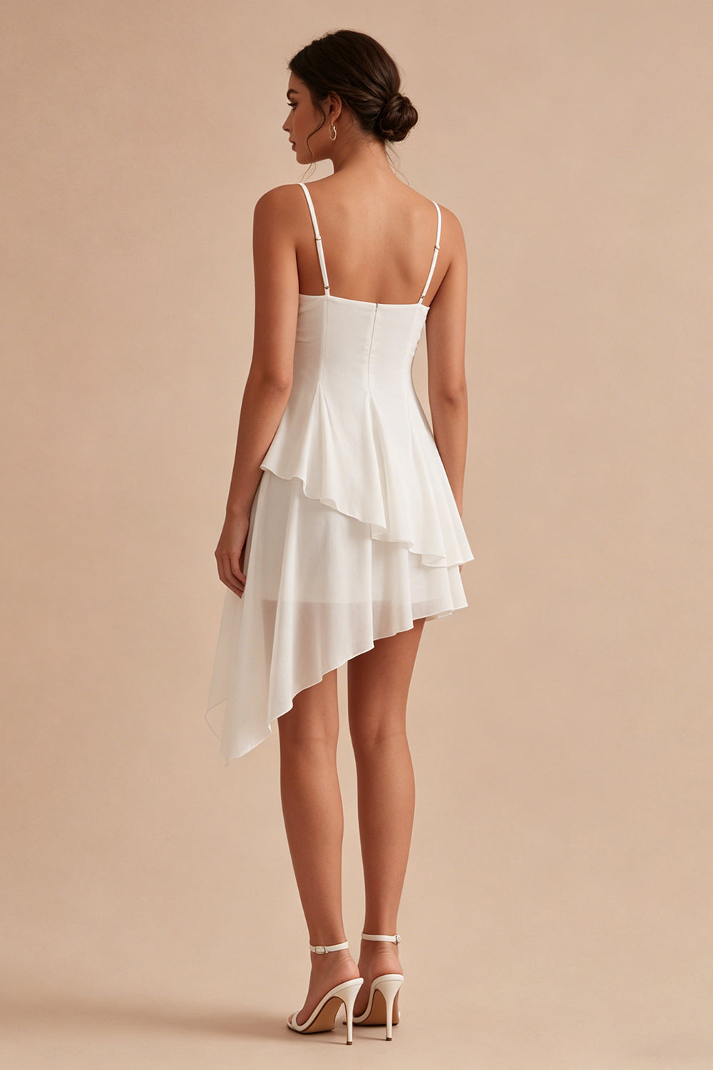 White Ruched Spaghetti Straps A Line Asymmetrical Bridal Shower Dress with Ruffles