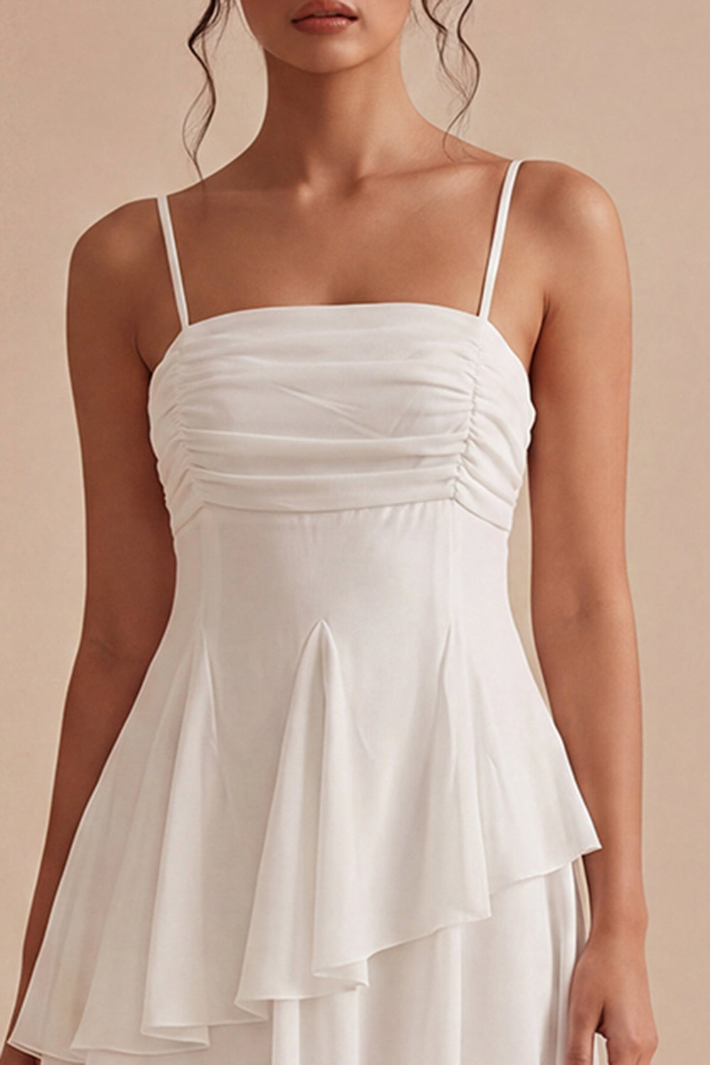 White Ruched Spaghetti Straps A Line Asymmetrical Bridal Shower Dress with Ruffles