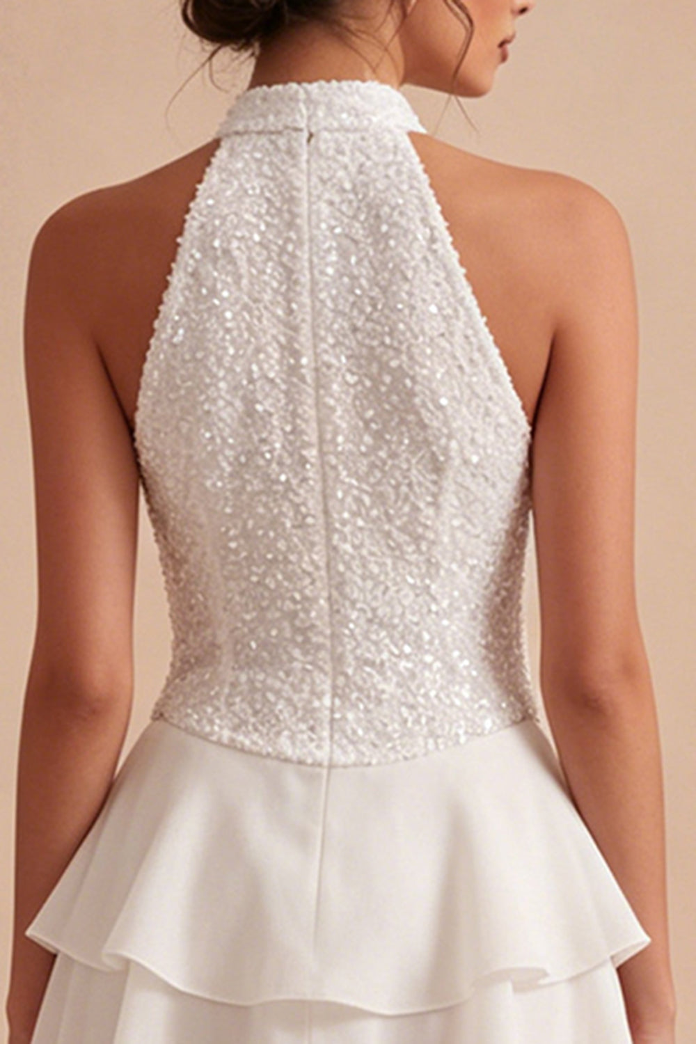 Sparkly White High Neck Sequin Short Bridal Shower Dress with Ruffles
