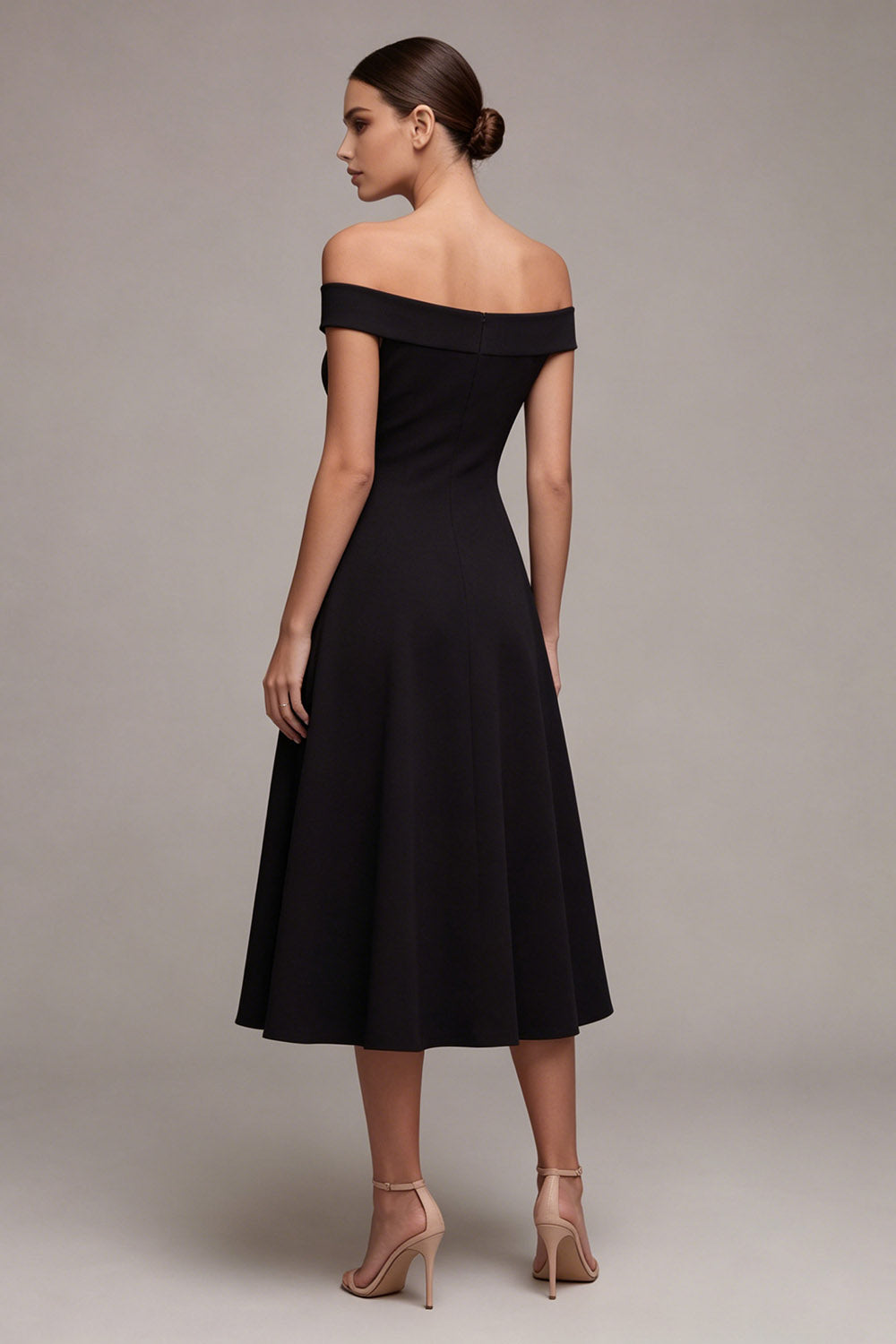 A Line Off the Shoulder Midi Little Black Dress