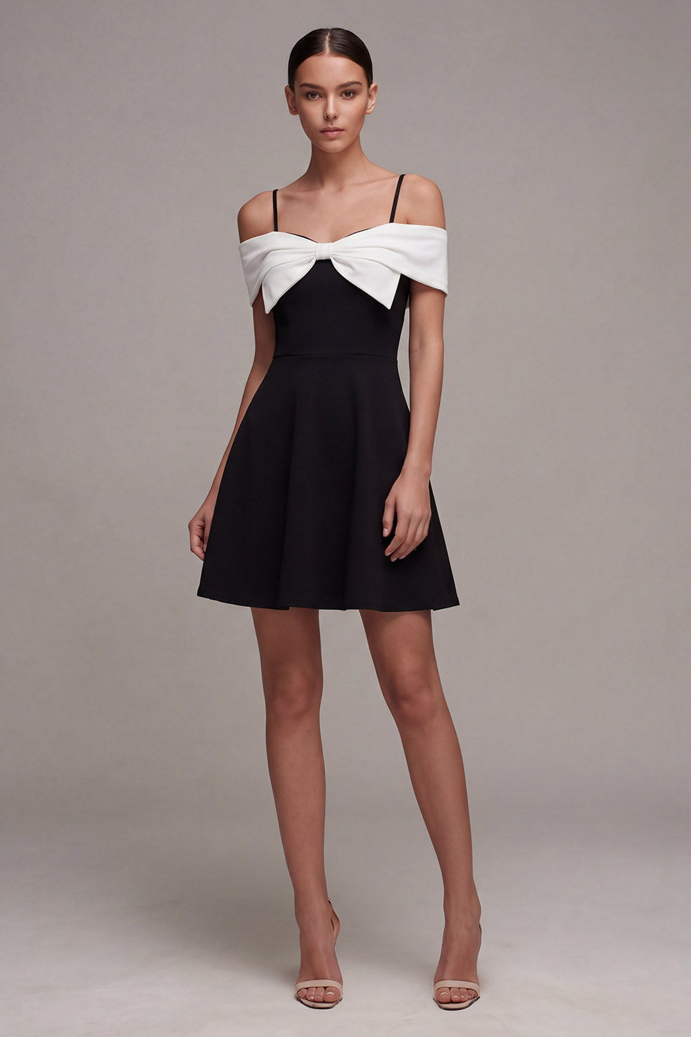 Black and White A Line Cold Shoulder Cocktail Dress with Bow
