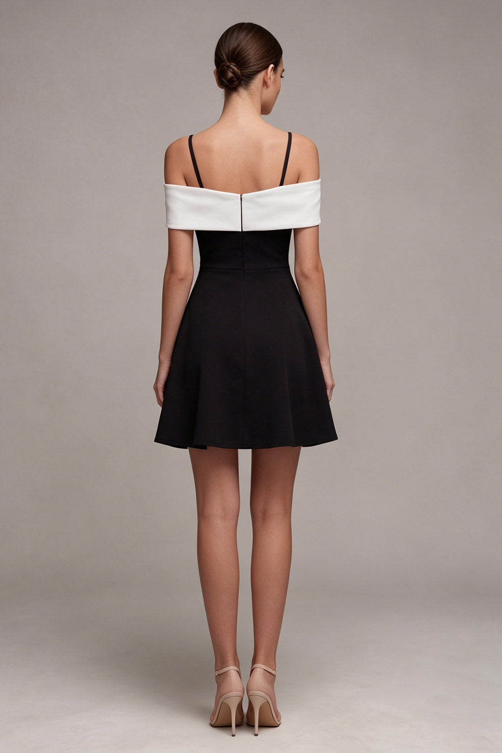 Black and White A Line Cold Shoulder Cocktail Dress with Bow