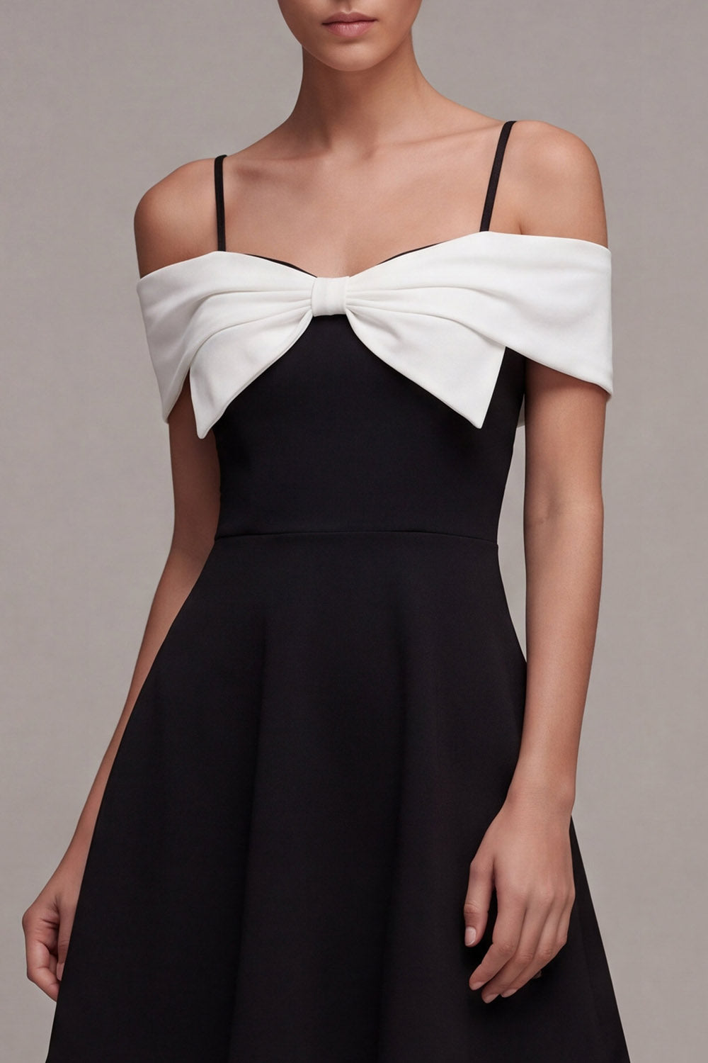 Black and White A Line Cold Shoulder Cocktail Dress with Bow