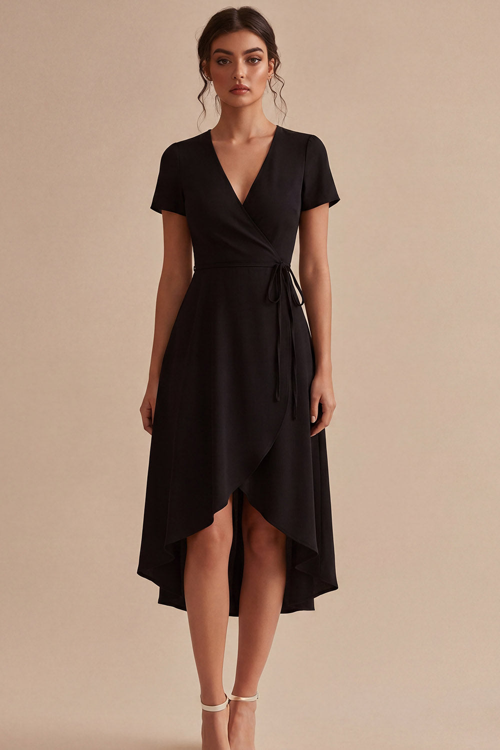 A Line V-Neck High Low Short Sleeves Little Black Dress with Pockets