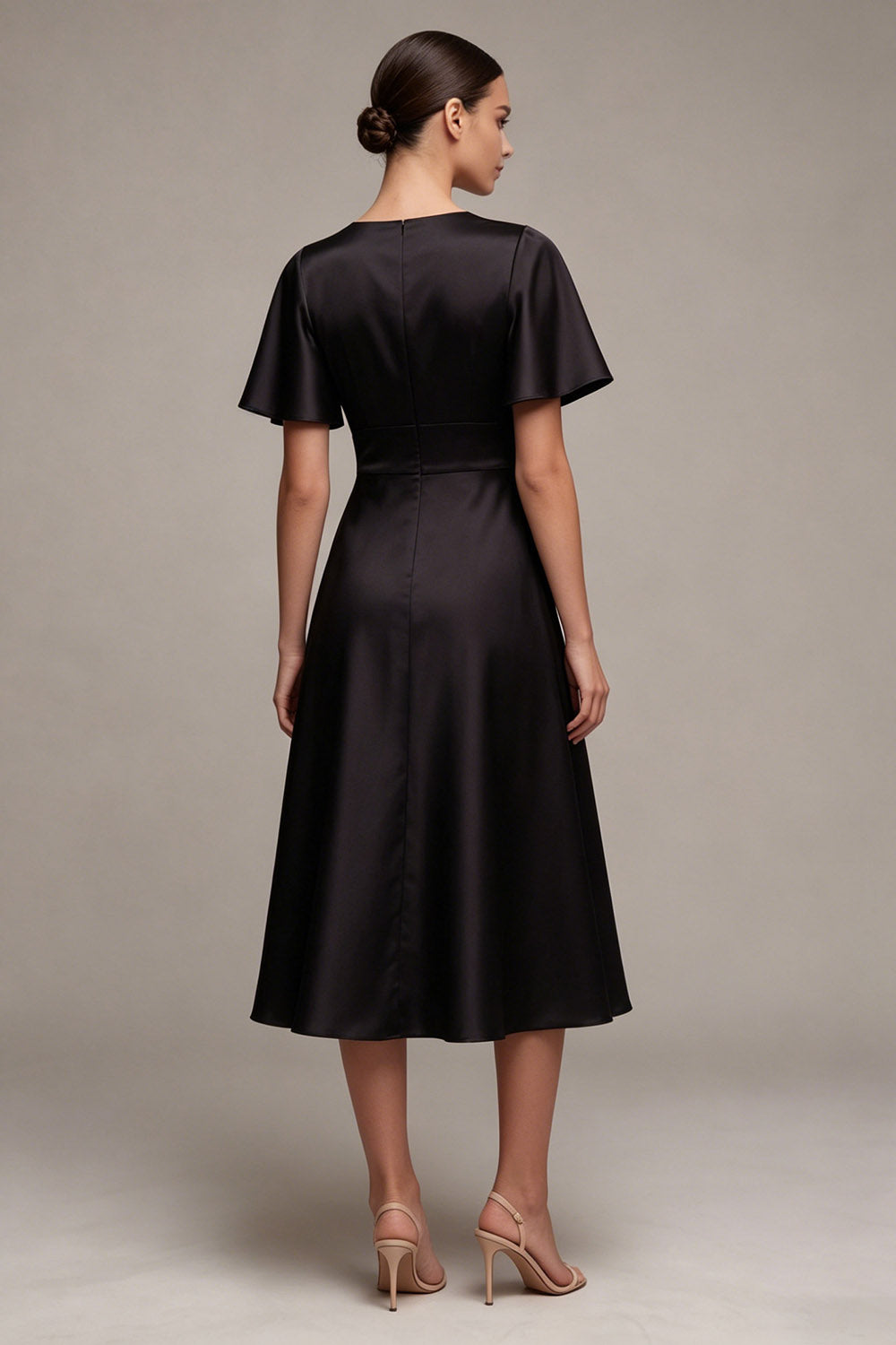 Black V-Neck Flutter Sleeves Midi A Line Formal Dress