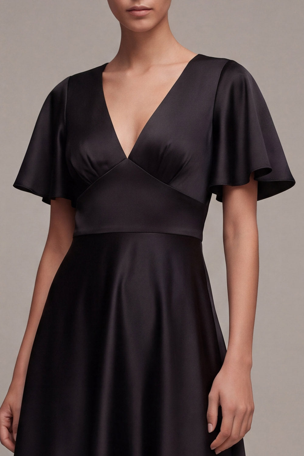 Black V-Neck Flutter Sleeves Midi A Line Formal Dress