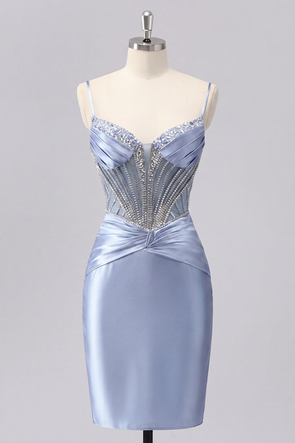 Sparkly Grey Blue Tight Corset Ruched Short Homecoming Dress with Beading