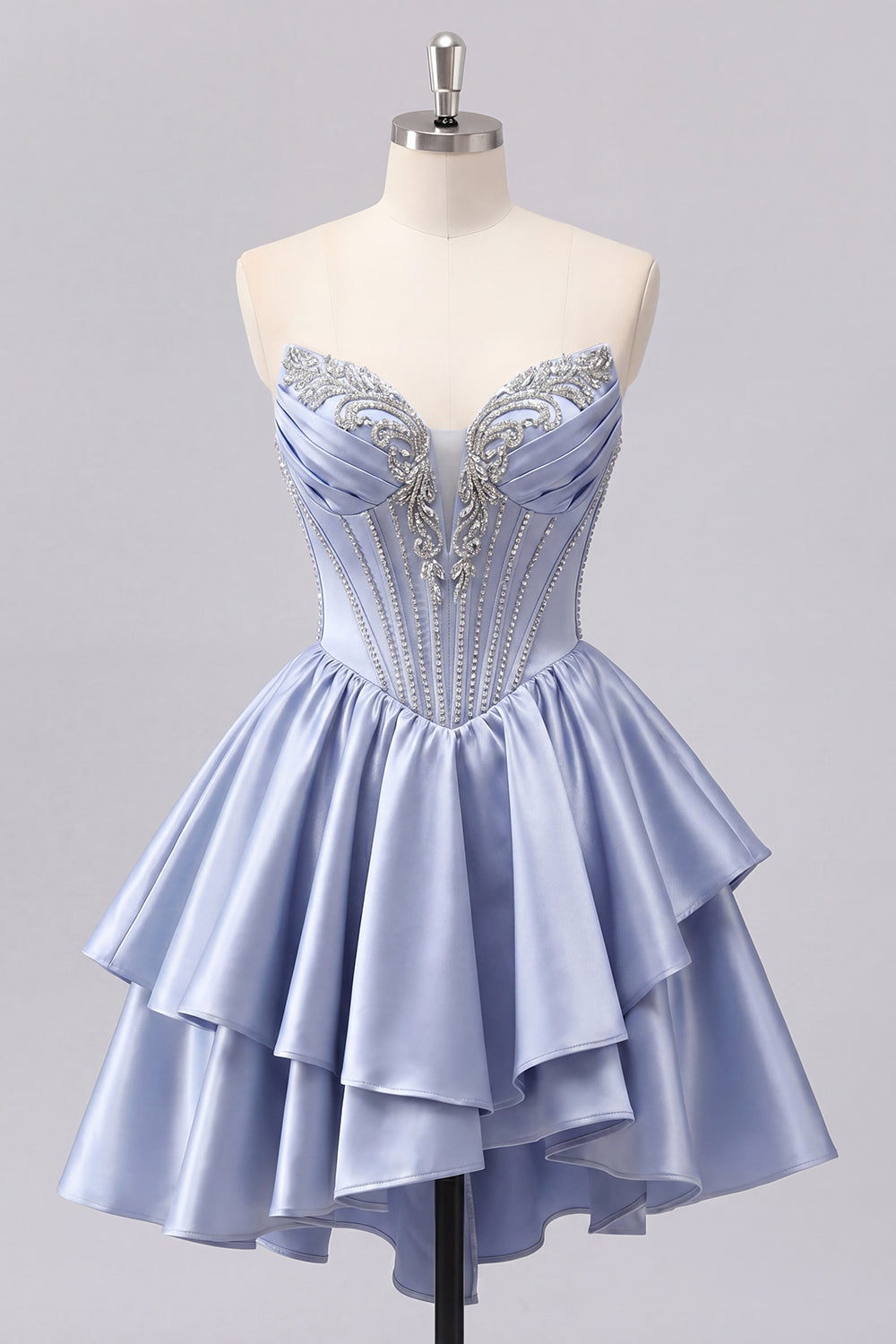 Sparkly Grey Blue Short Corset A Line Beaded Homecoming Dress with Ruffles