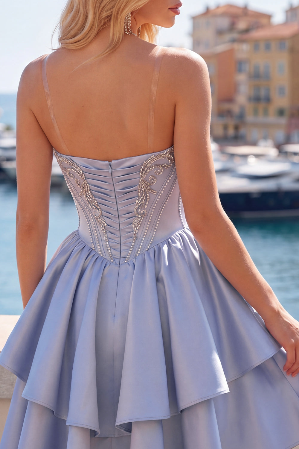 Sparkly Grey Blue Short Corset A Line Beaded Homecoming Dress with Ruffles