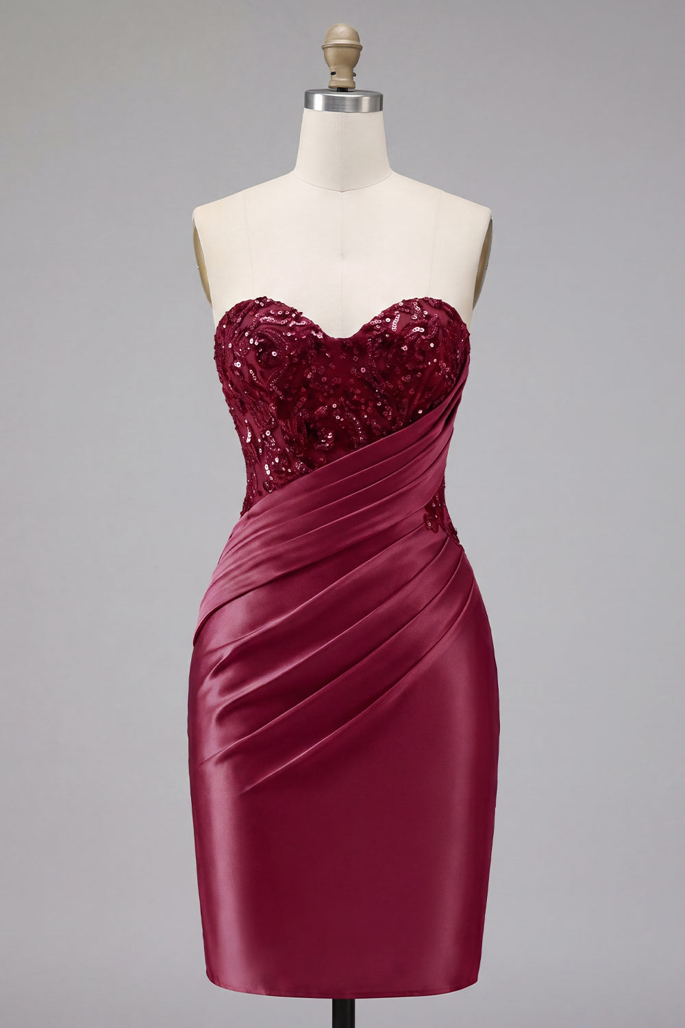 Sparkly Burgundy Sweetheart Beaded Ruched Tight Short Homecoming Dress