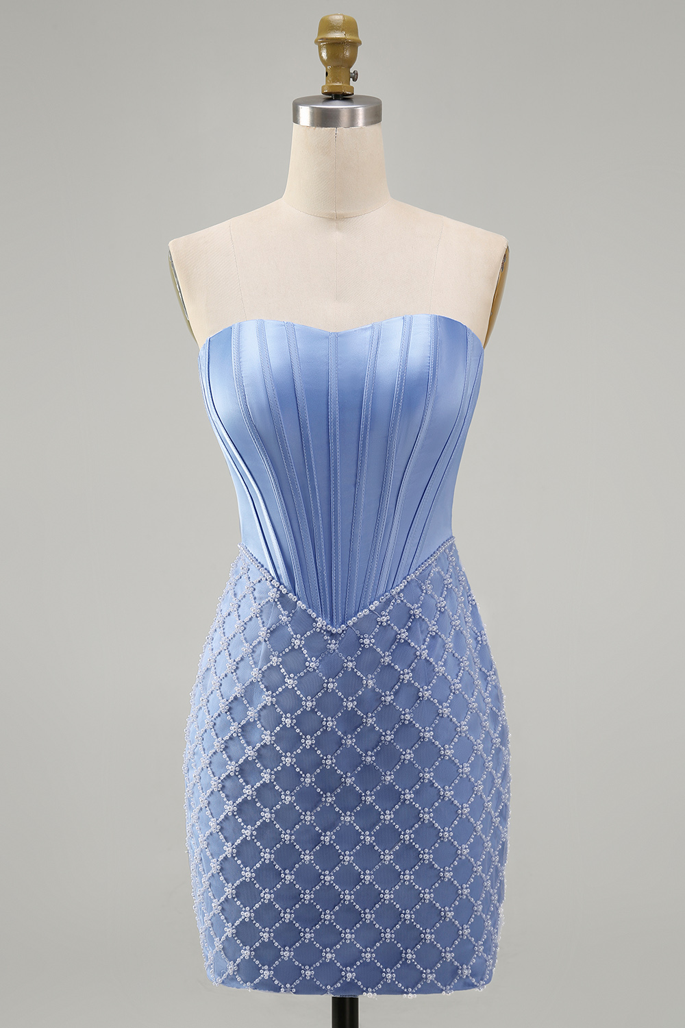 Blue Tight Short Corset Strapless Basque Waist Homecoming Dress with Pearls