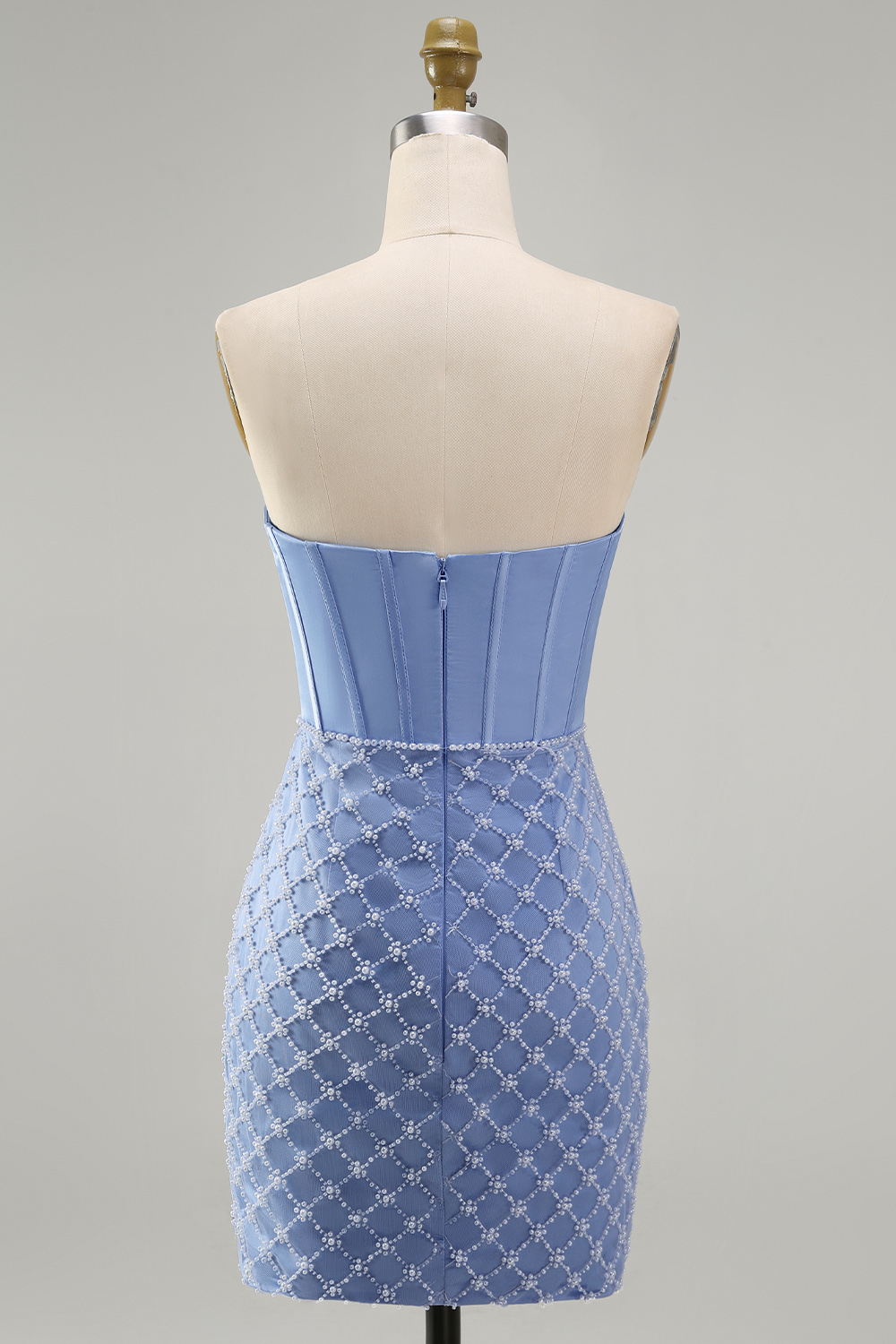 Blue Tight Short Corset Strapless Basque Waist Homecoming Dress with Pearls