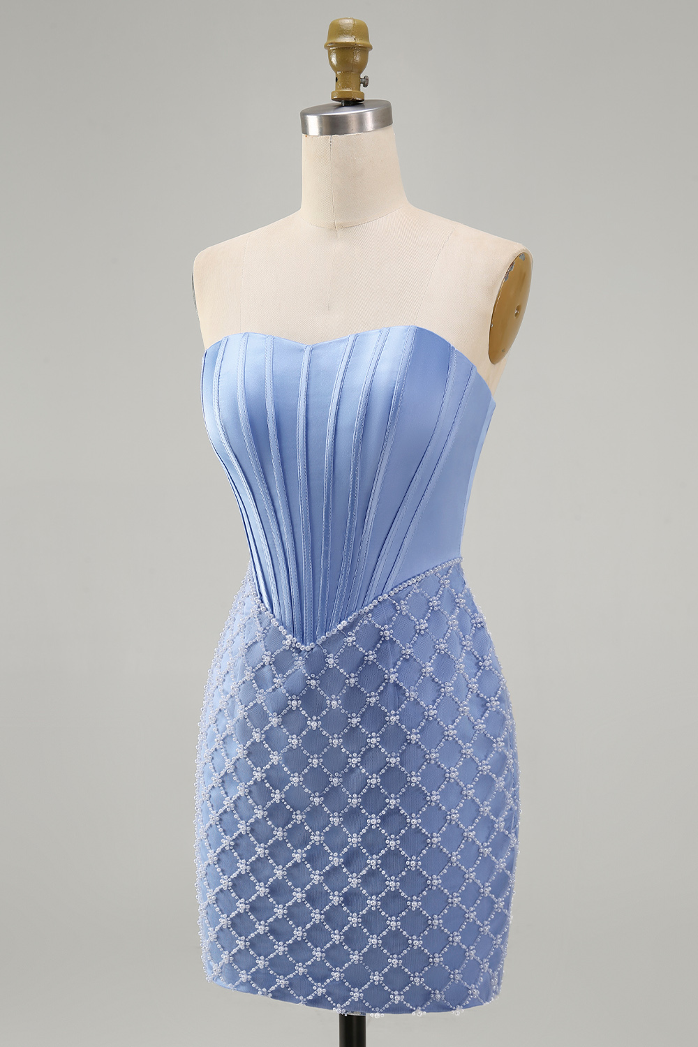 Blue Tight Short Corset Strapless Basque Waist Homecoming Dress with Pearls