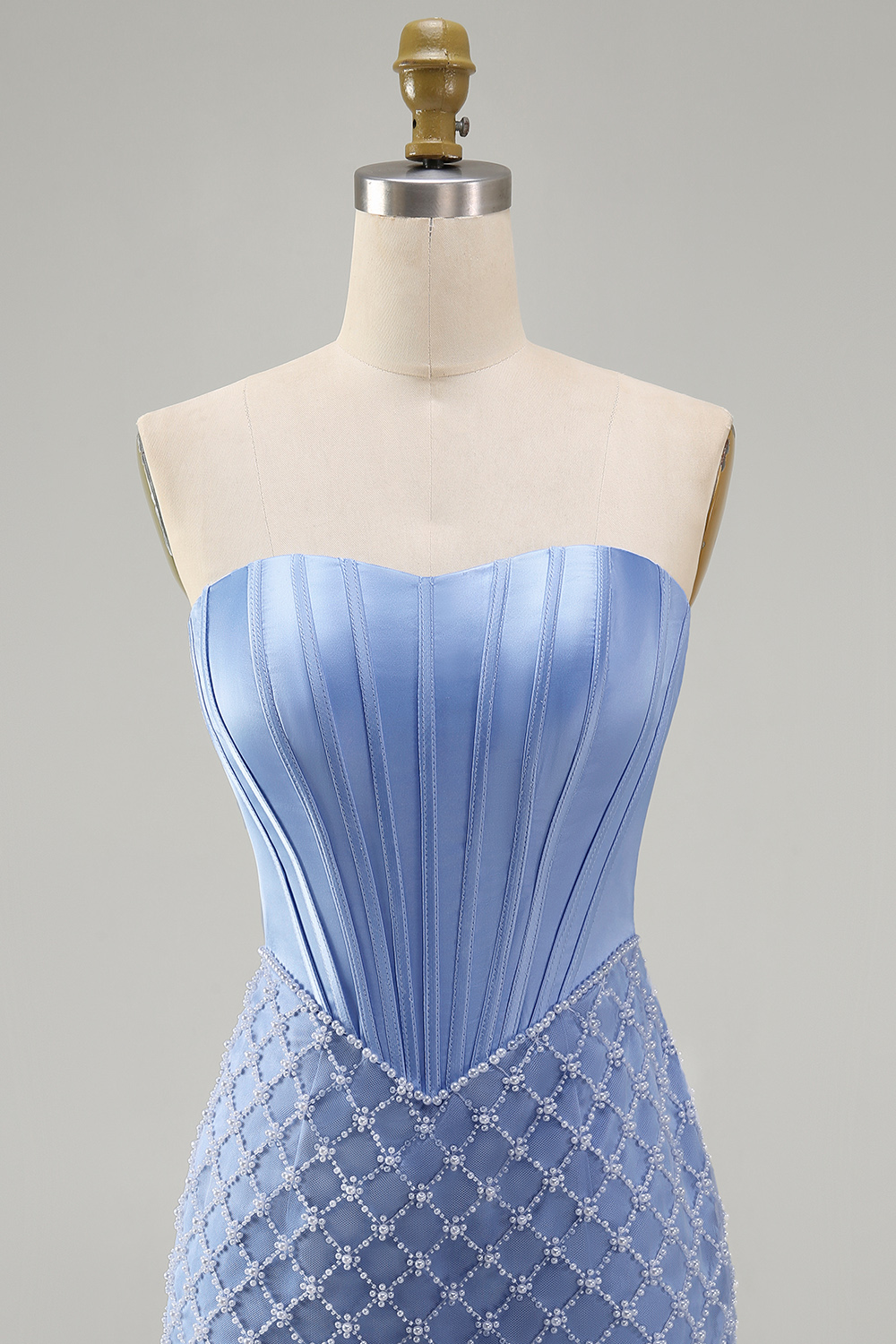 Blue Tight Short Corset Strapless Basque Waist Homecoming Dress with Pearls