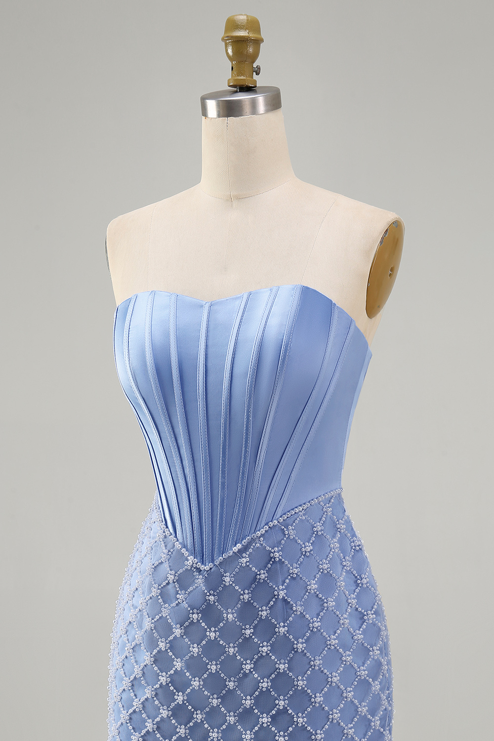 Blue Tight Short Corset Strapless Basque Waist Homecoming Dress with Pearls