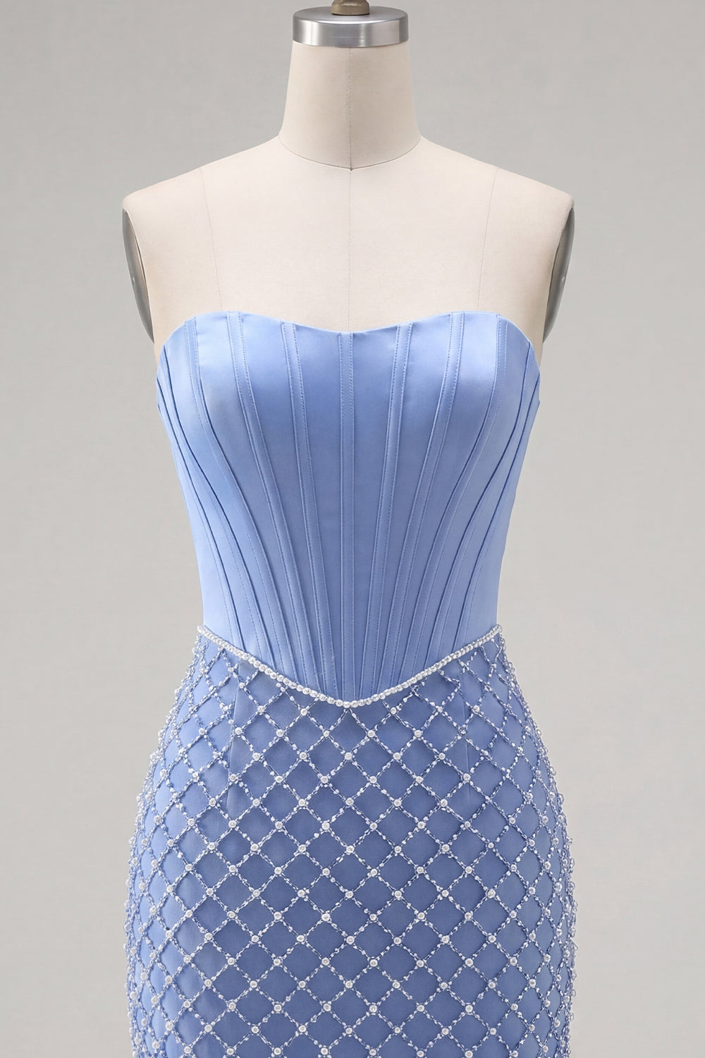 Blue Tight Short Corset Strapless Basque Waist Homecoming Dress with Pearls