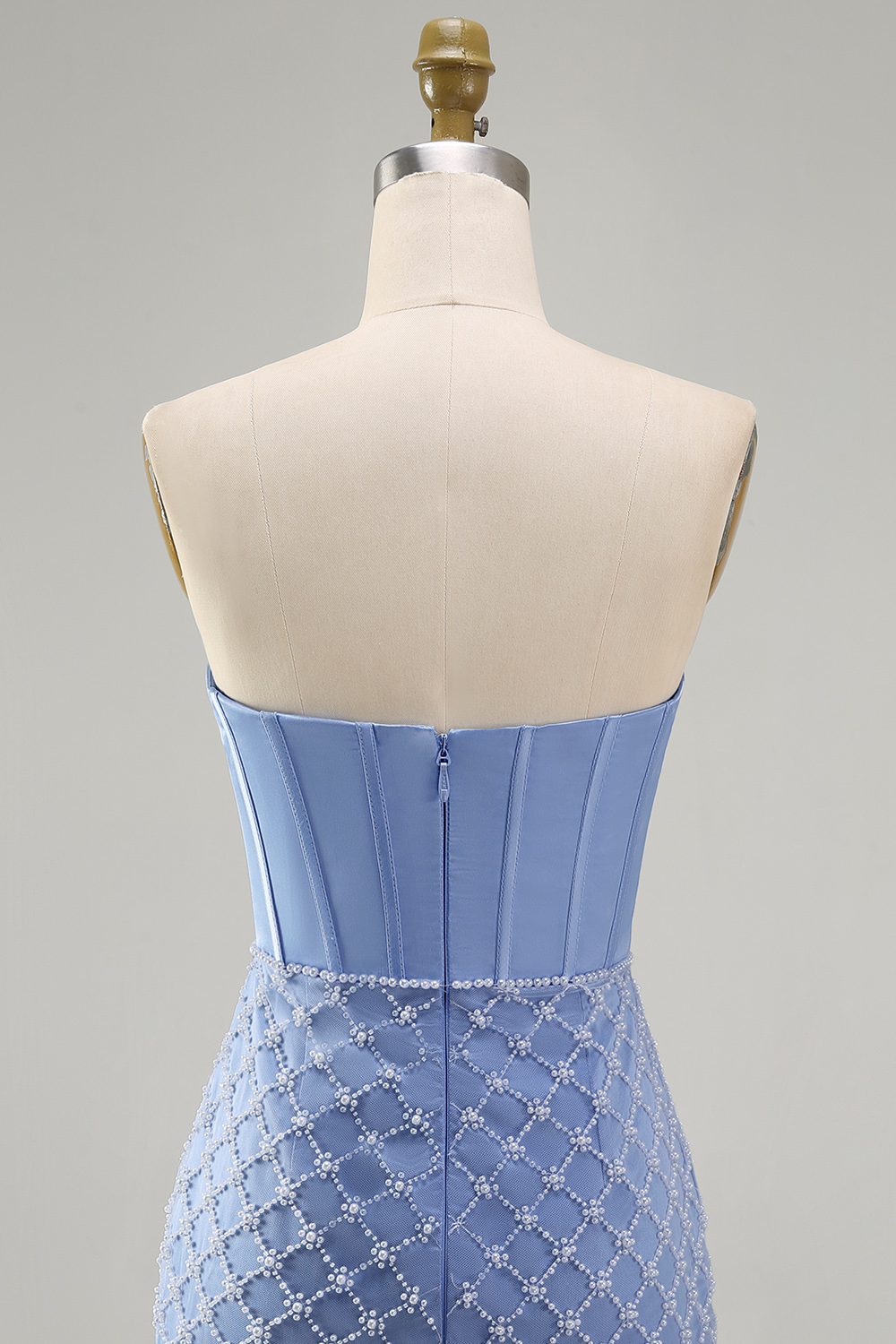 Blue Tight Short Corset Strapless Basque Waist Homecoming Dress with Pearls