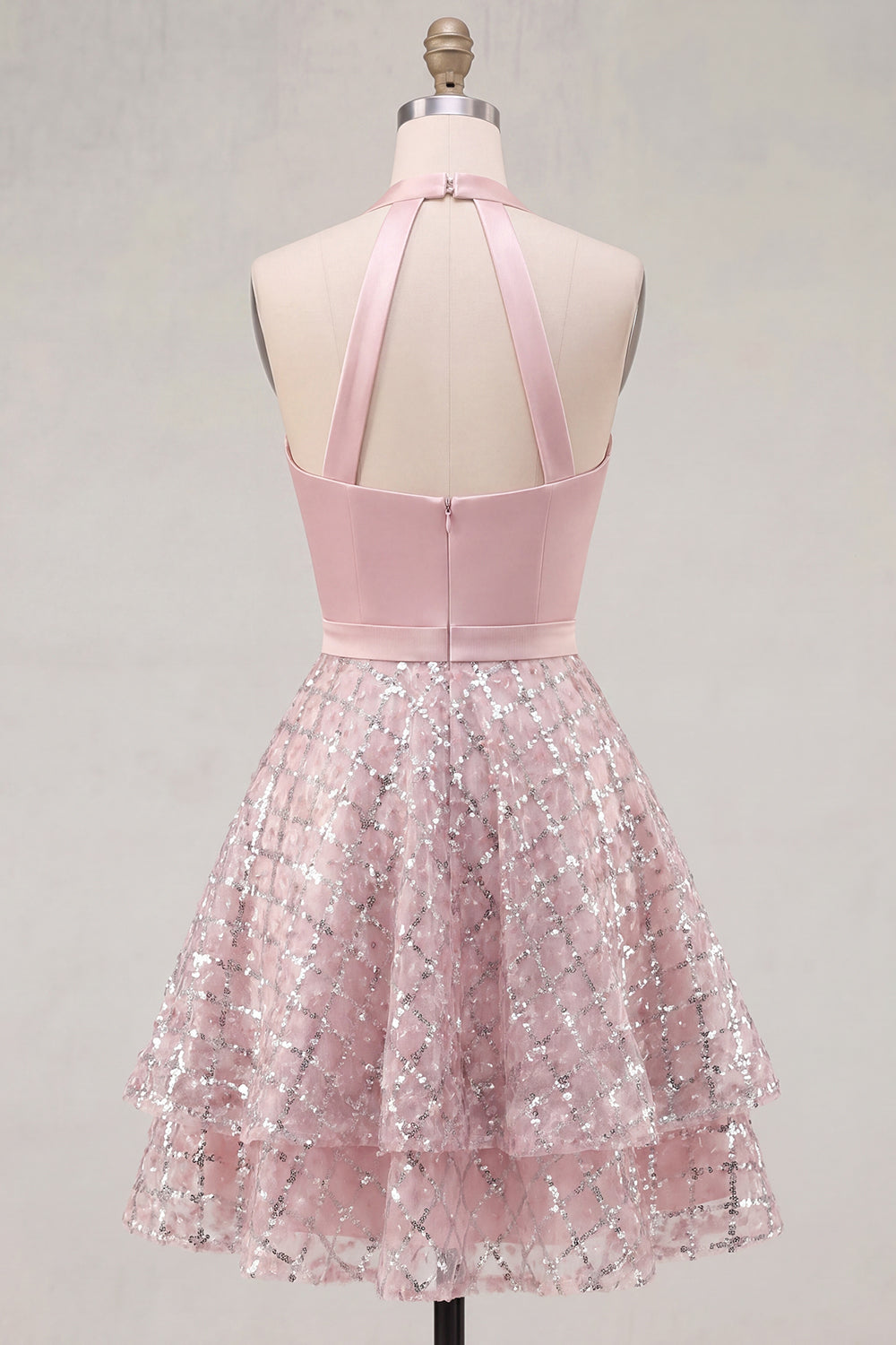 Sparkly Blush Beaded Halter Short A Line Homecoming Dress with Ruffles