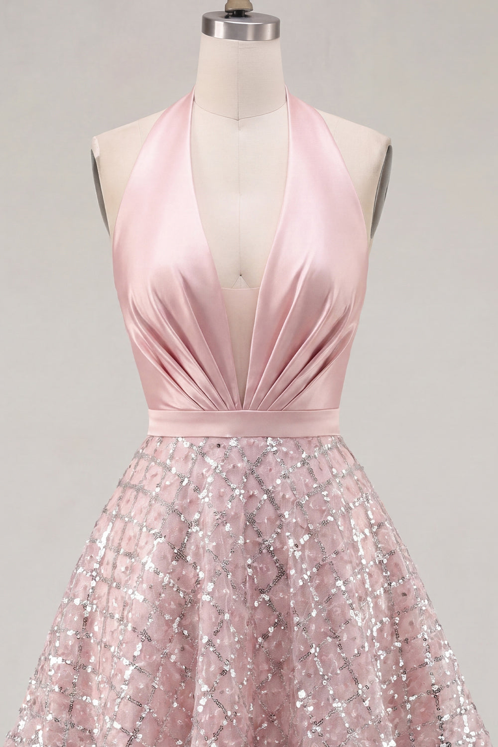 Sparkly Blush Beaded Halter Short A Line Homecoming Dress with Ruffles