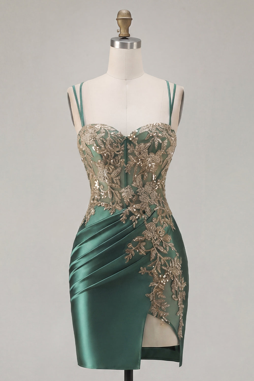 Sparkly Dark Green Tight Short Corset Appliqued Ruched Homecoming Dress with Slit