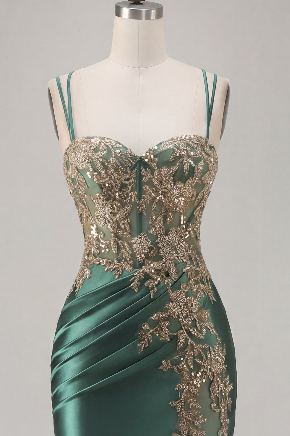 Sparkly Dark Green Tight Short Corset Appliqued Ruched Homecoming Dress with Slit