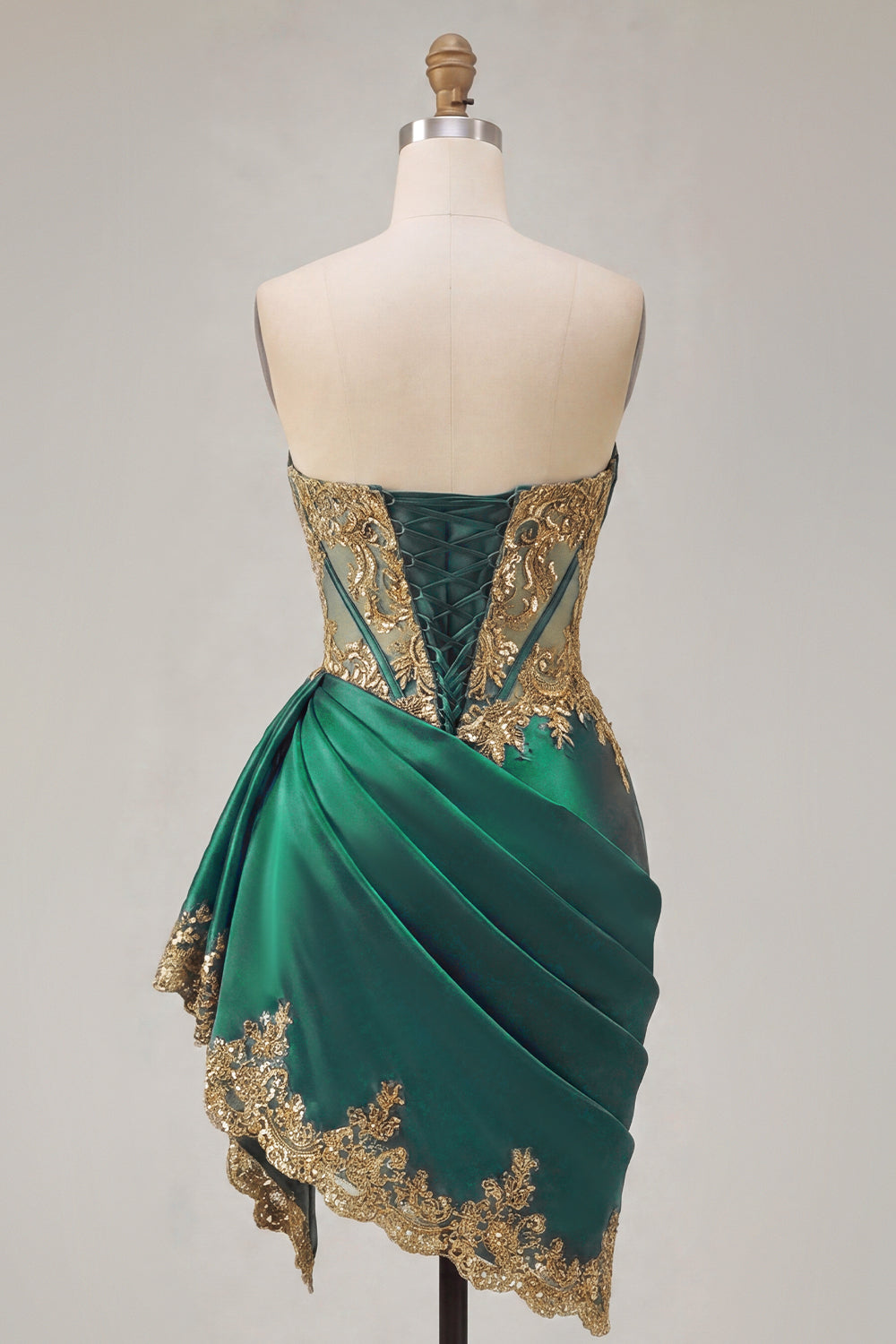 Sparkly Dark Green Strapless Ruched Corset Short Appliqued Homecoming Dress with Ruffles