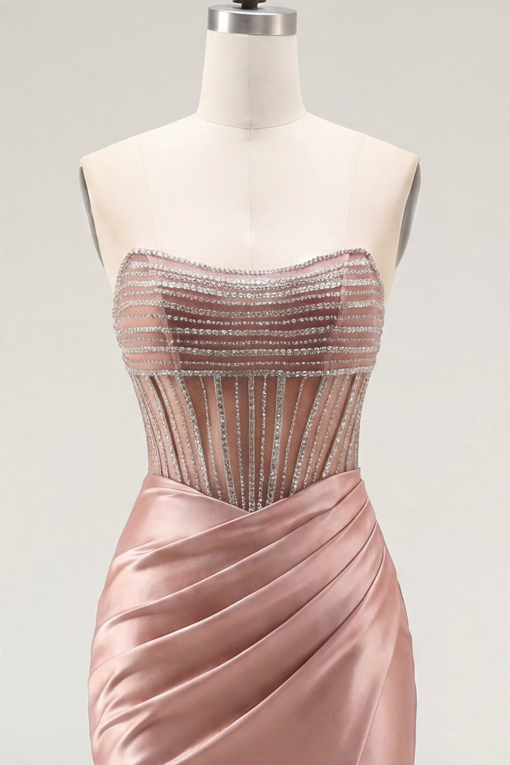 Sparkly Blush Corset Strapless Ruched Tight Short Homecoming Dress with Slit