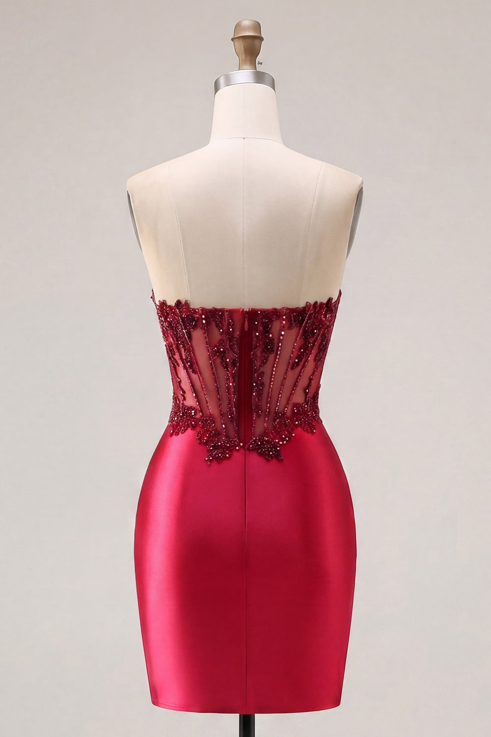 Sparkly Burgundy Tight Short Corset Ruched Beaded Homecoming Dress with Slit