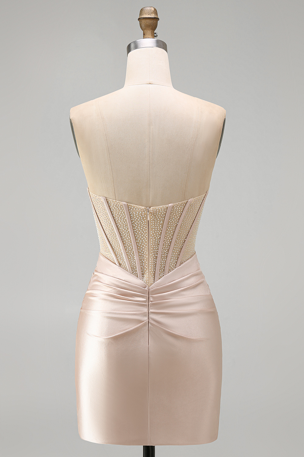 Champagne Corset Tight Strapless Ruched Short Homecoming Dress with Slit