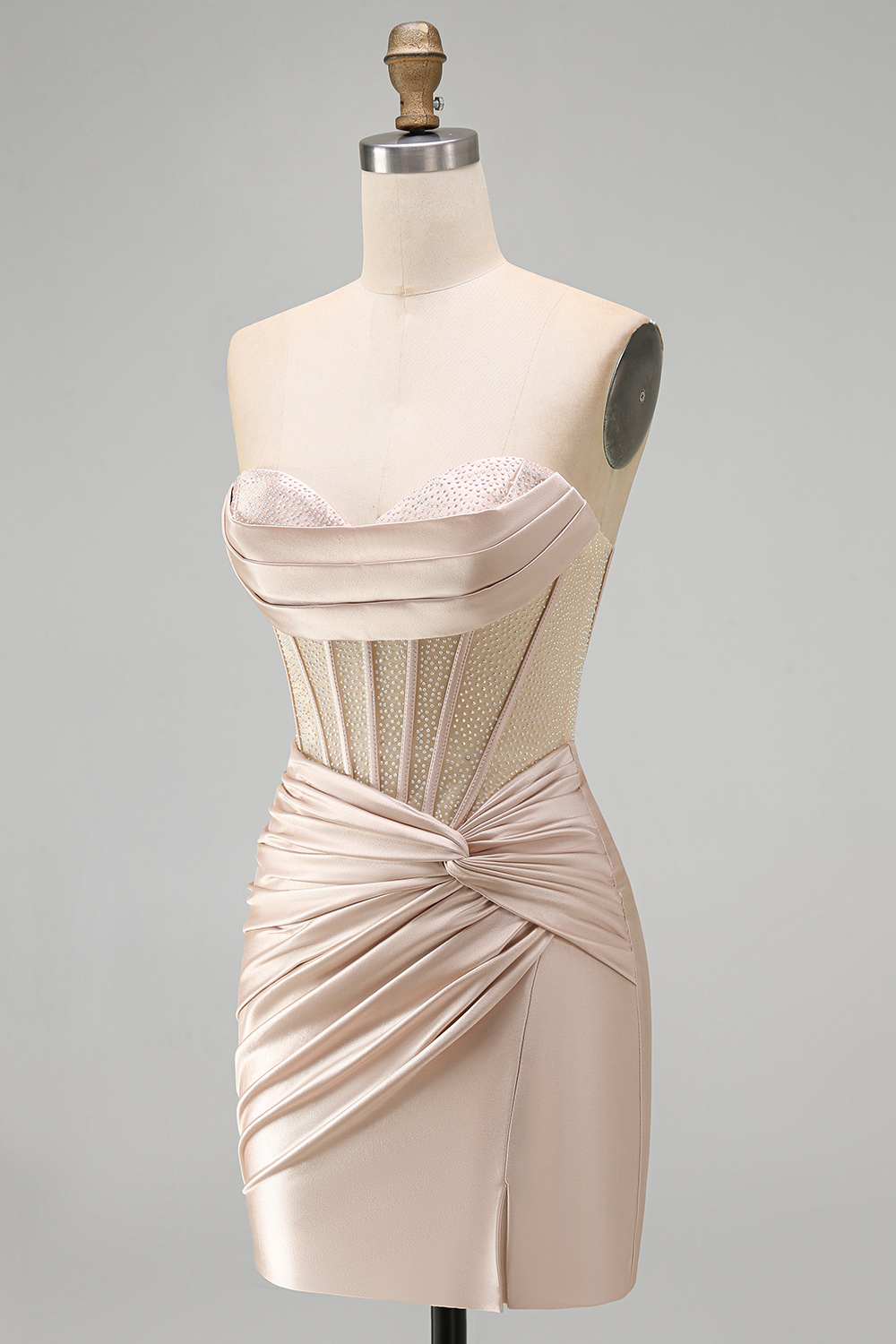 Champagne Corset Tight Strapless Ruched Short Homecoming Dress with Slit