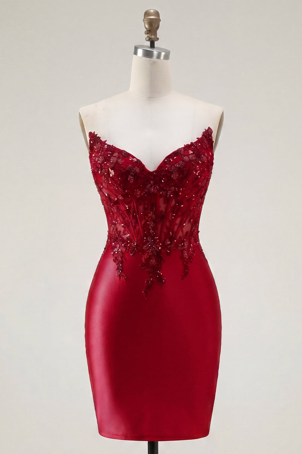 Red Corset Short Strapless Tight Homecoming Dress with Lace