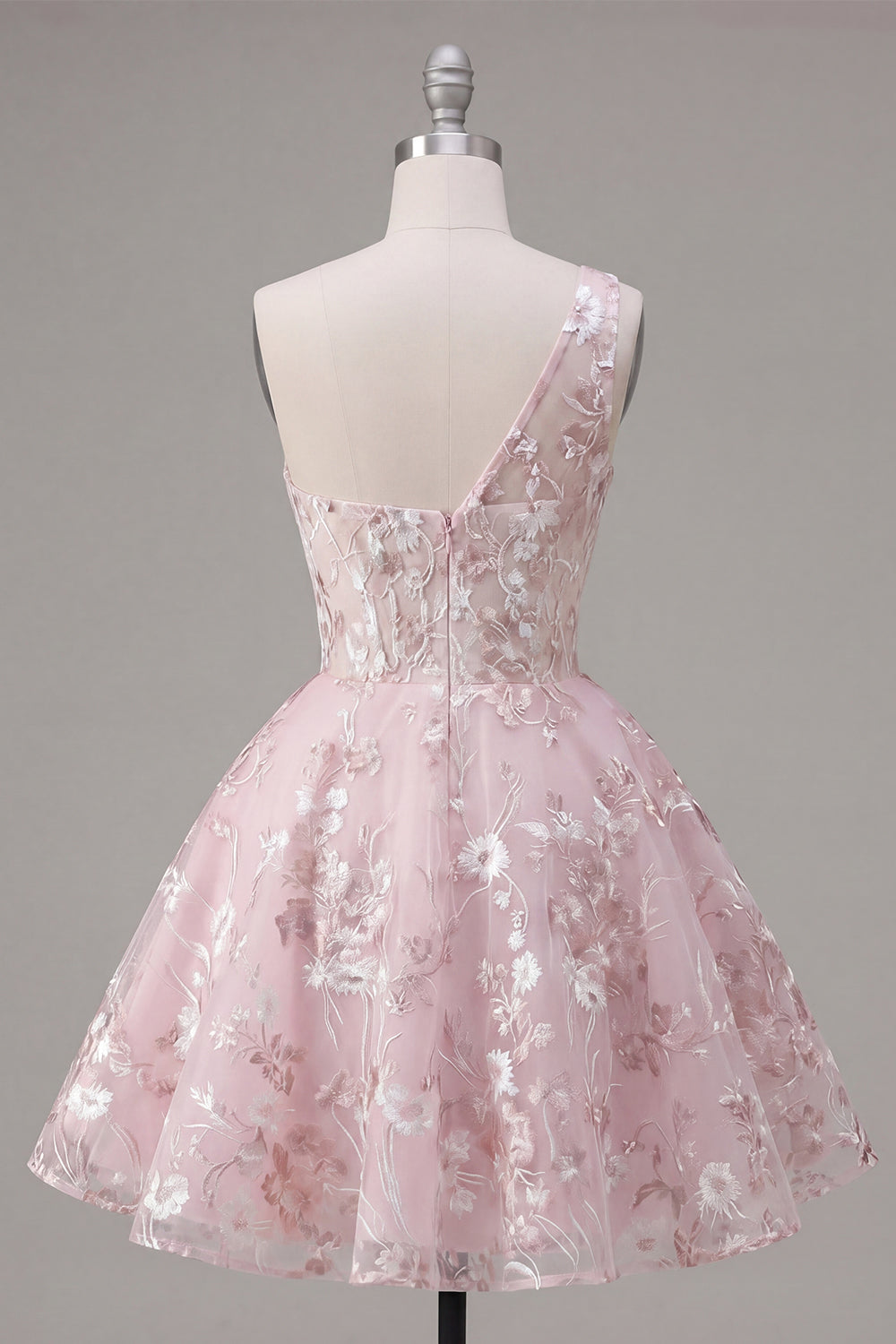Pink Floral A Line One Shoulder Short Homecoming Dress
