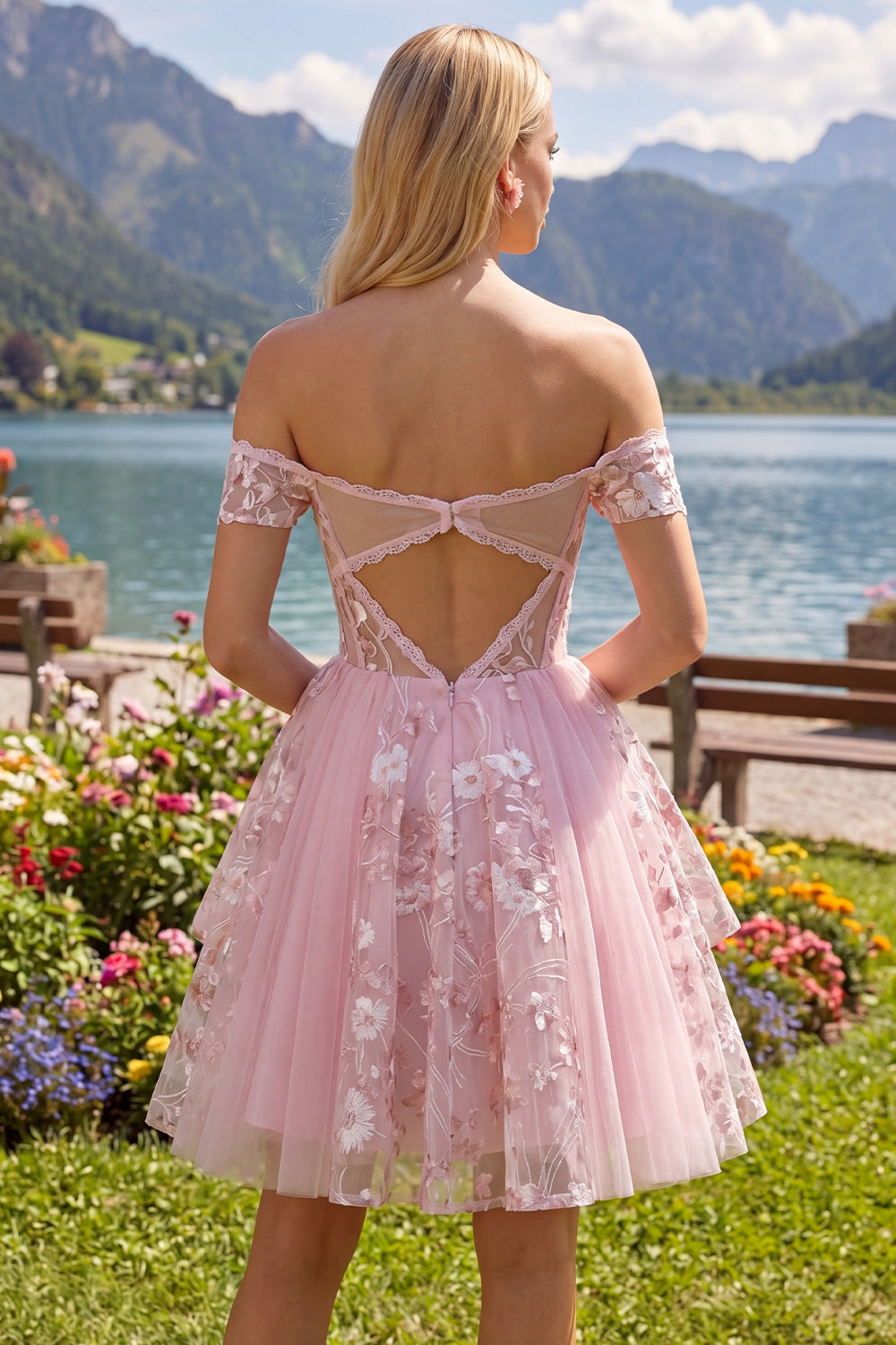 Floral A Line Pink Off The Shoulder Short Corset Homecoming Dress