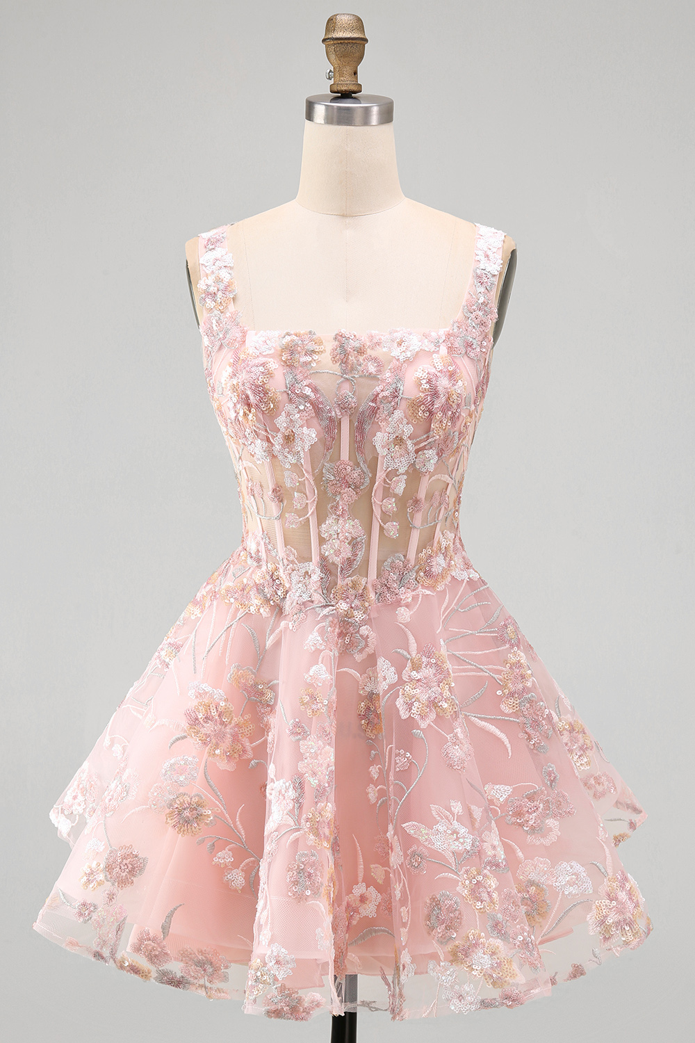 Pink Corset Floral A Line Square Neck Short Homecoming Dress