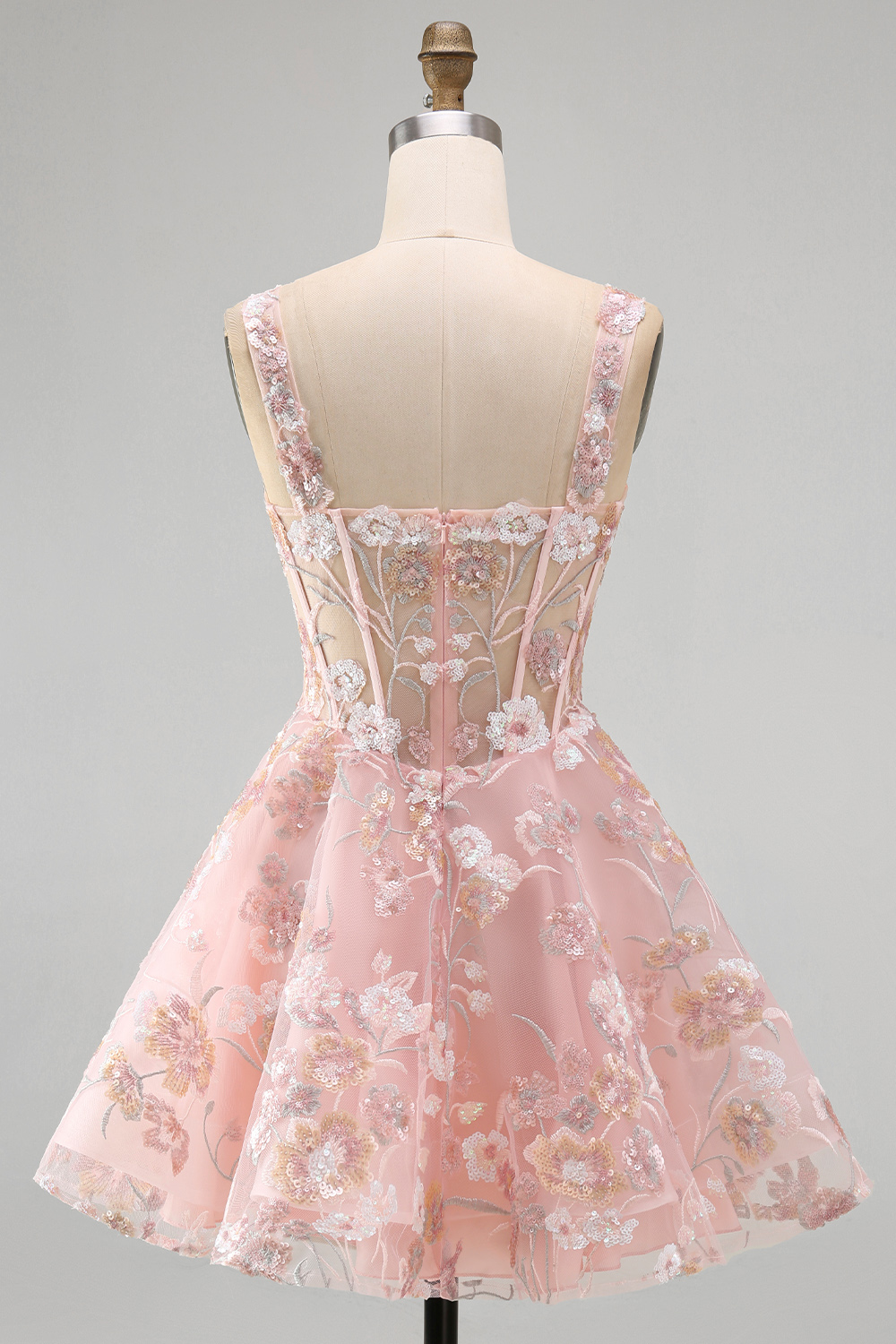 Pink Corset Floral A Line Square Neck Short Homecoming Dress