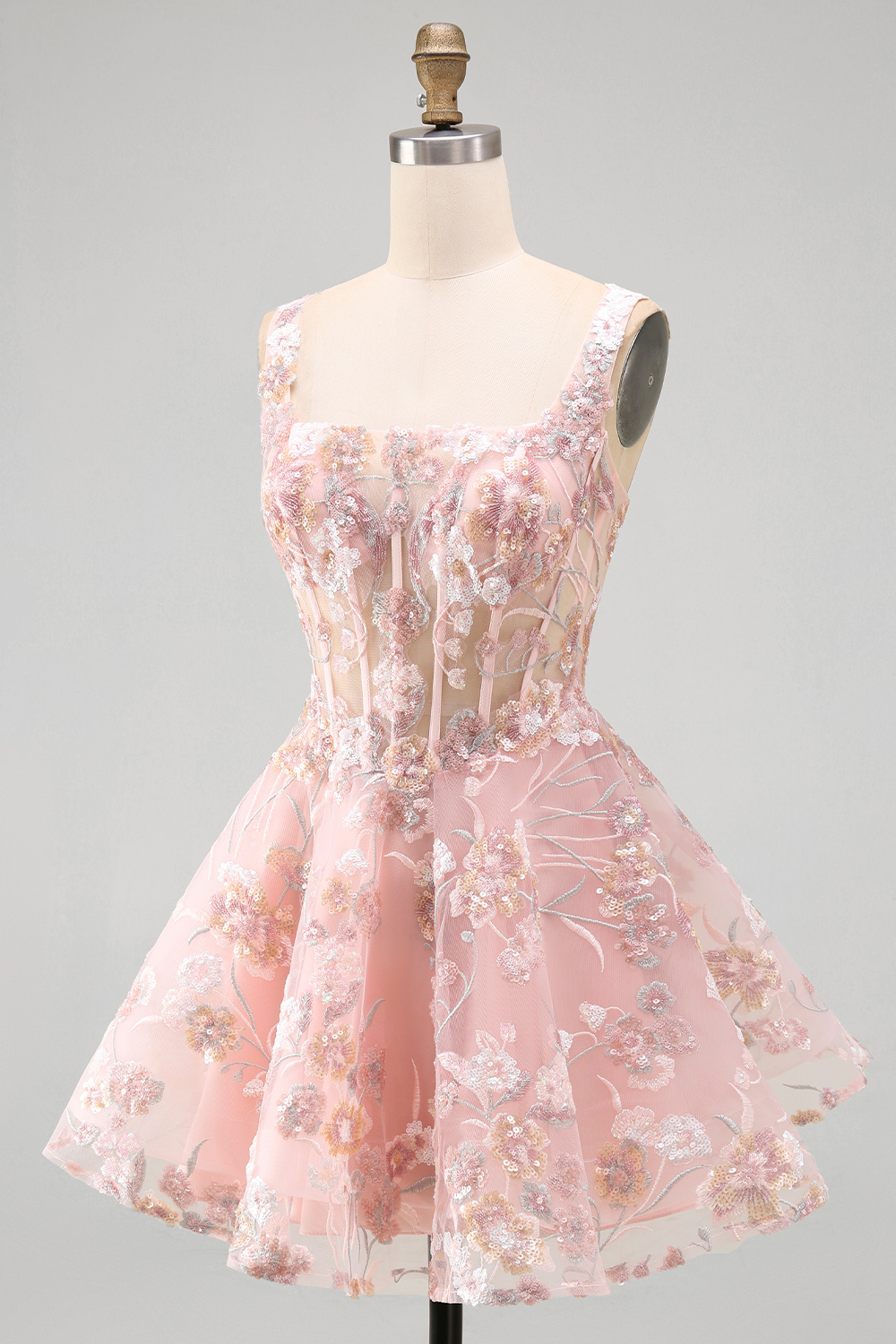 Pink Corset Floral A Line Square Neck Short Homecoming Dress