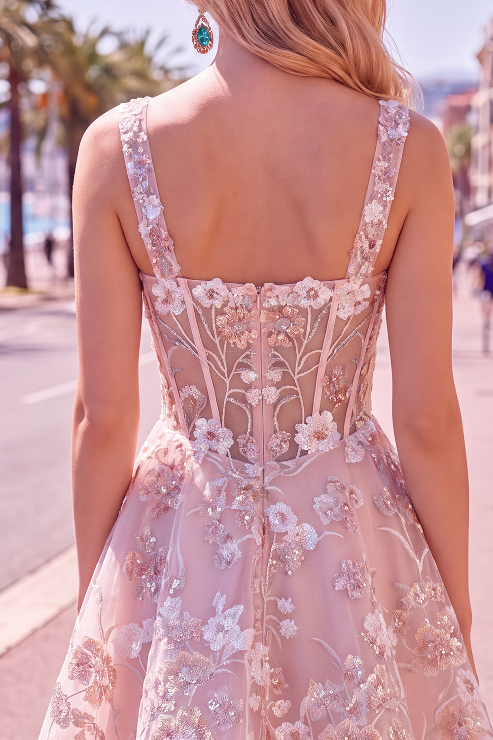 Pink Corset Floral A Line Square Neck Short Homecoming Dress