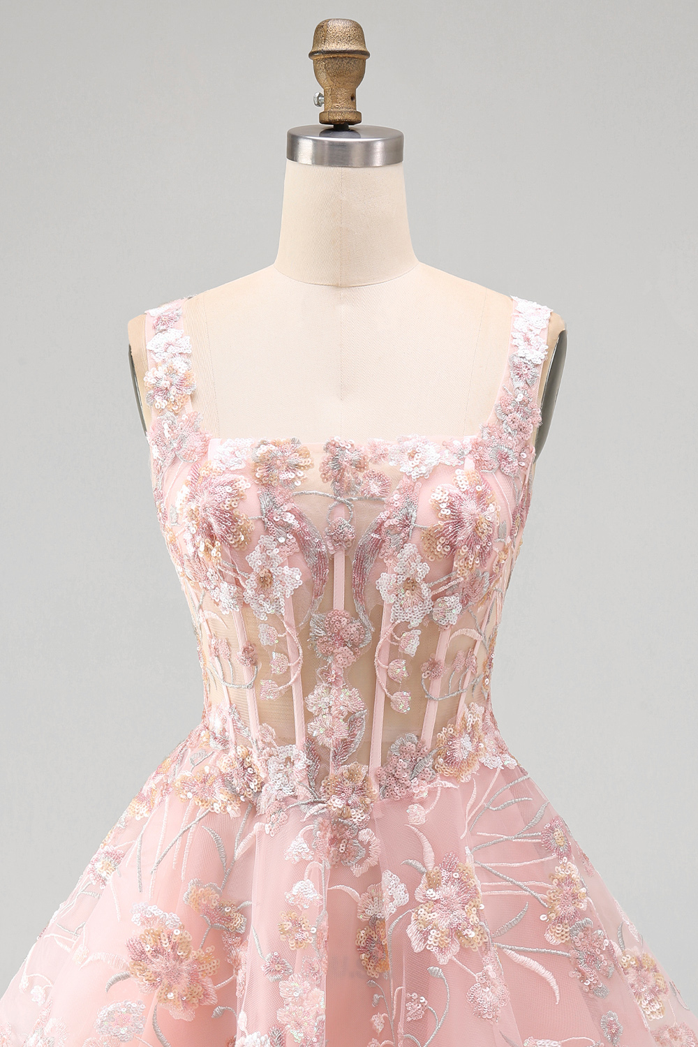 Pink Corset Floral A Line Square Neck Short Homecoming Dress